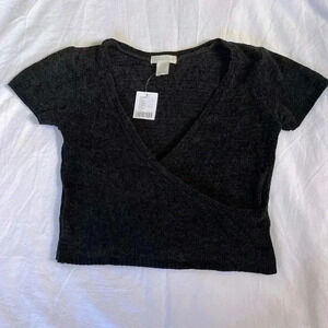 Urban Outfitters Womens Wrap Sweater Small Black Chenille Crop Top